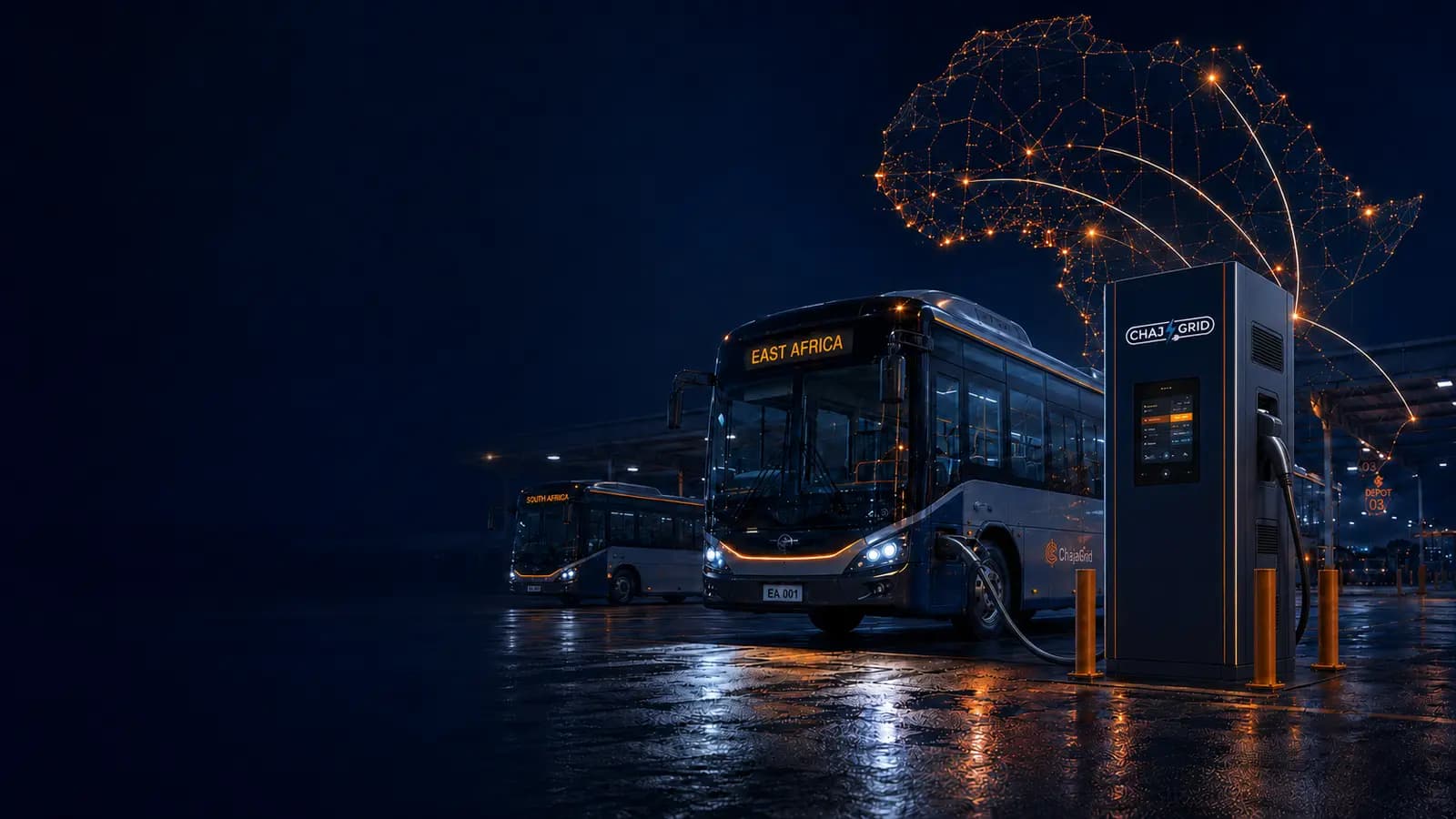 Two African electric buses connected through the ChajaGrid network at a night depot
